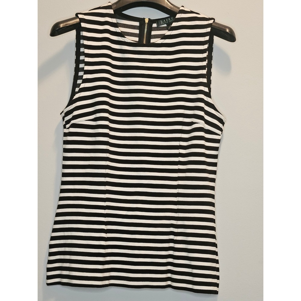 Lauren Ralph Lauren Black White Striped Sleeveless Shell Zip Back Top Medium
